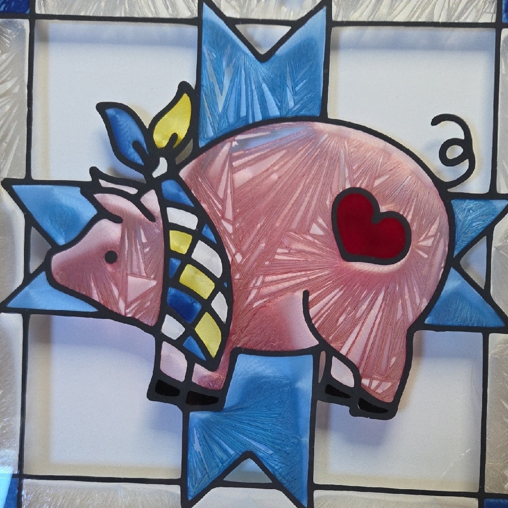 Open Windows Whimsical Pink and Blue Stained Glass Pig Art - Picture 4 of 4